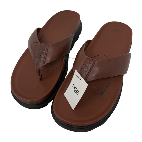 UGG Men's Size 12 Capitola Leather Flip Flops cognac Brown NWT - Picture 1 of 10